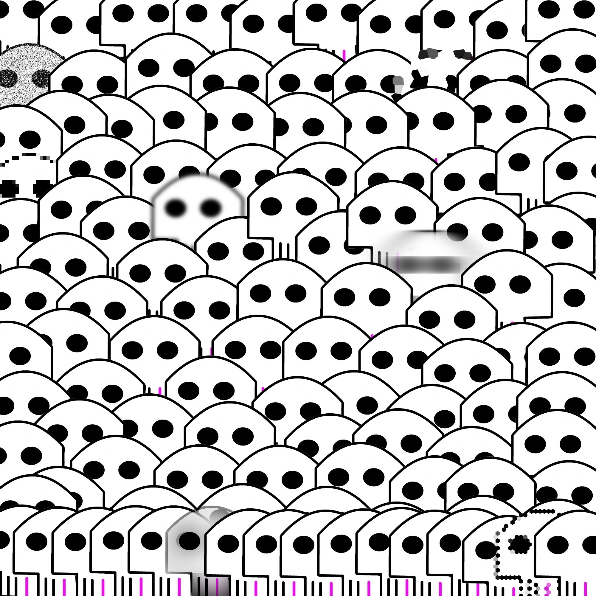 A plethora of simple cartoon skulls with a blurry one and couple other pixelated ones arranged some kind of bizarre seek and find puzzle.